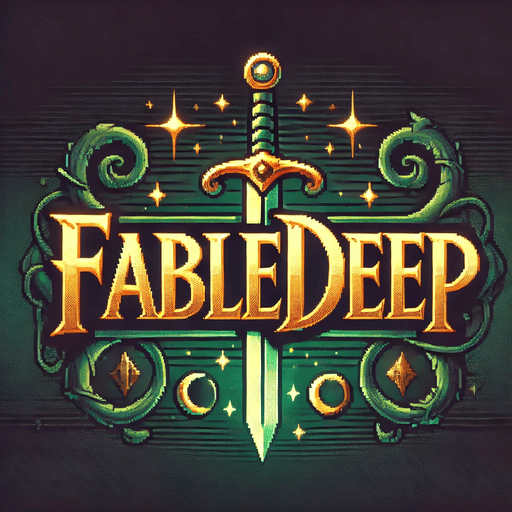 A sword resting vertically in vines with the word Fabledeep overlaying it.